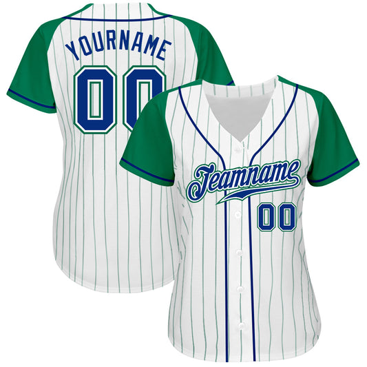 Custom White Kelly Green Pinstripe Royal-Kelly Green Authentic Raglan Sleeves Baseball Jersey - Sky-Custom