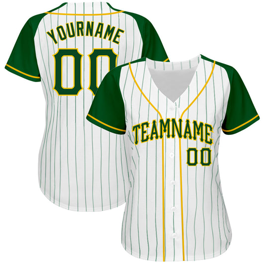 Custom White Green Pinstripe Green-Gold Authentic Raglan Sleeves Baseball Jersey - Sky-Custom