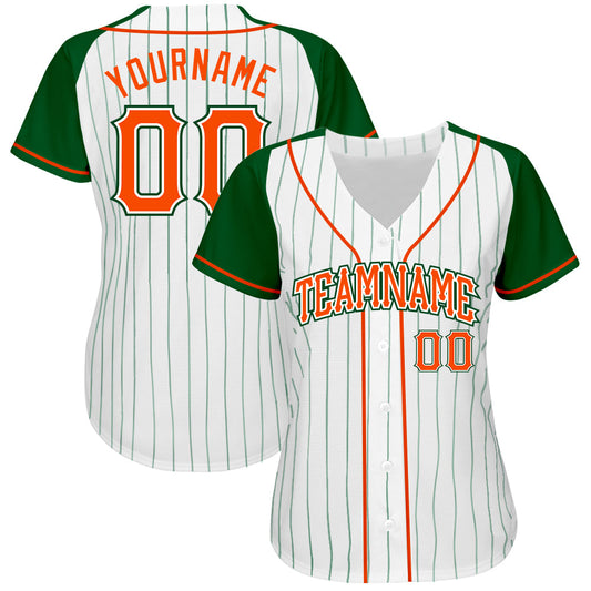 Custom White Green Pinstripe Orange-Green Authentic Raglan Sleeves Baseball Jersey - Sky-Custom