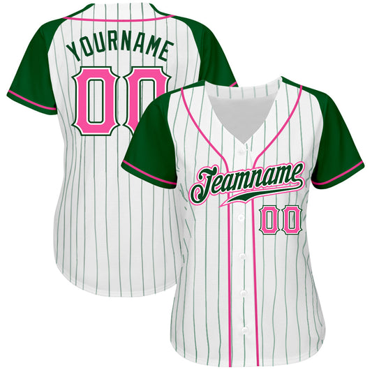 Custom White Green Pinstripe Pink-Green Authentic Raglan Sleeves Baseball Jersey - Sky-Custom