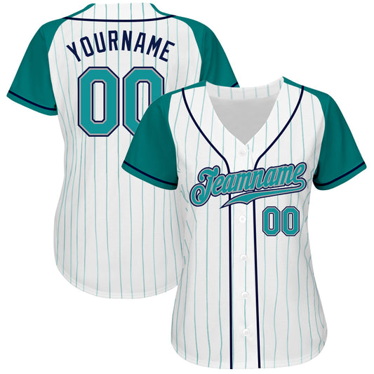 Custom White Aqua Pinstripe Aqua-Navy Authentic Raglan Sleeves Baseball Jersey - Sky-Custom