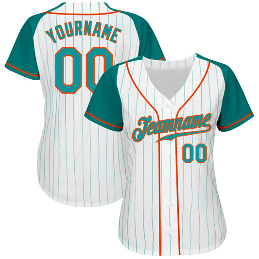 Custom White Aqua Pinstripe Aqua-Orange Authentic Raglan Sleeves Baseball Jersey - Sky-Custom