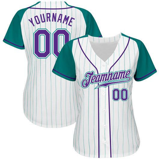 Custom White Aqua Pinstripe Purple-Aqua Authentic Raglan Sleeves Baseball Jersey - Sky-Custom