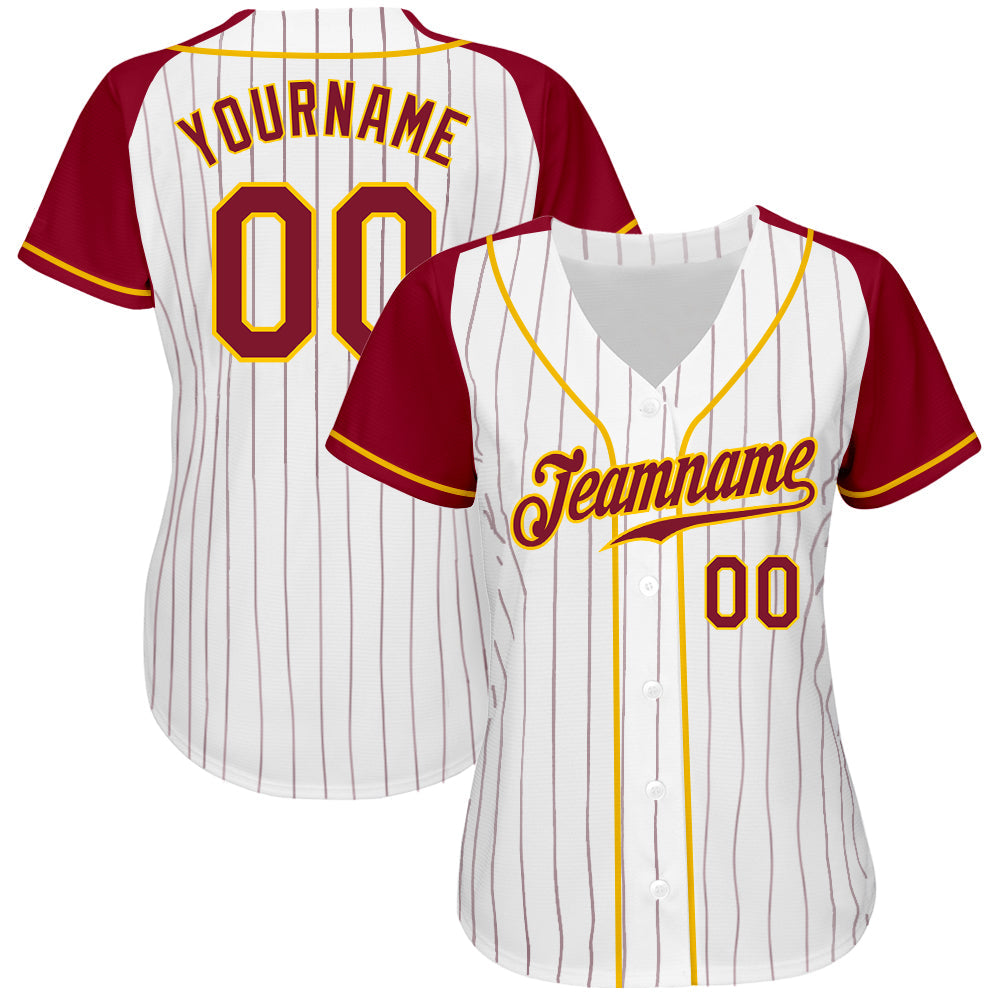 Custom White Crimson Pinstripe Crimson-Gold Authentic Raglan Sleeves Baseball Jersey - Sky-Custom