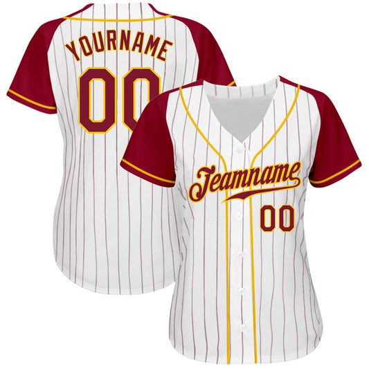 Custom White Crimson Pinstripe Crimson-Gold Authentic Raglan Sleeves Baseball Jersey - Sky-Custom