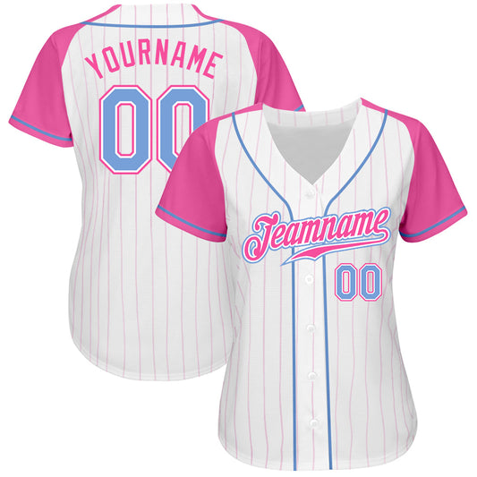 Custom White Pink Pinstripe Light Blue-Pink Authentic Raglan Sleeves Baseball Jersey - Sky-Custom