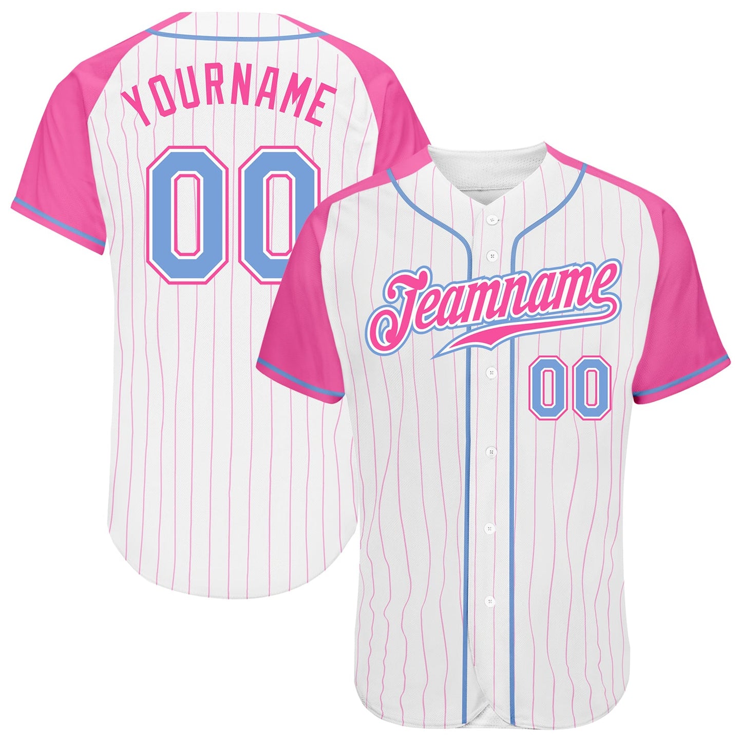 Custom White Pink Pinstripe Light Blue-Pink Authentic Raglan Sleeves Baseball Jersey - Sky-Custom