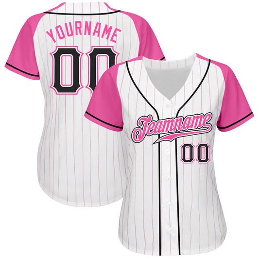 Custom White Pink Pinstripe Black-Pink Authentic Raglan Sleeves Baseball Jersey - Sky-Custom
