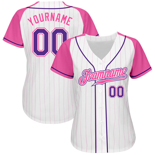 Custom White Pink Pinstripe Purple-Pink Authentic Raglan Sleeves Baseball Jersey - Sky-Custom