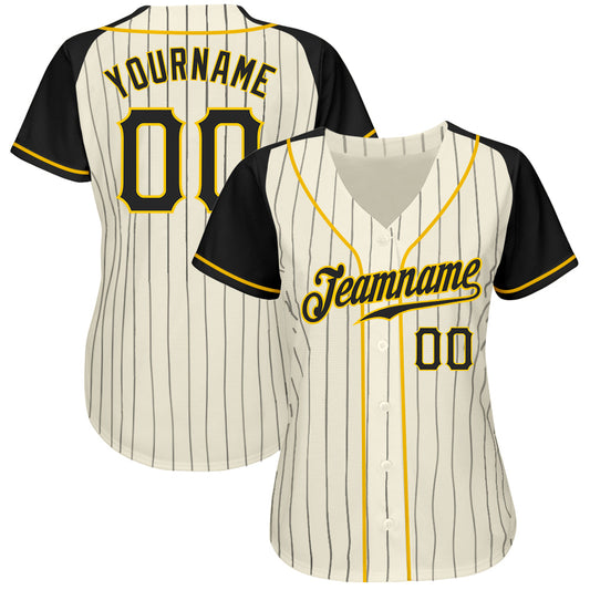 Custom Cream Black Pinstripe Black-Gold Authentic Raglan Sleeves Baseball Jersey - Sky-Custom