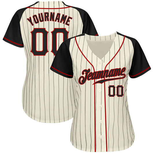 Custom Cream Black Pinstripe Black-Red Authentic Raglan Sleeves Baseball Jersey - Sky-Custom