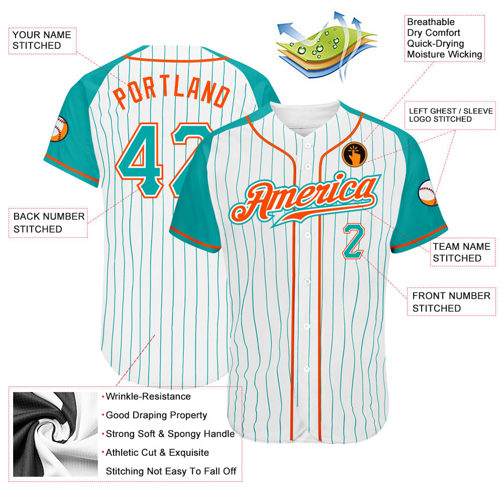 Custom White Aqua Pinstripe Aqua-Orange Authentic Raglan Sleeves Baseball Jersey - Sky-Custom