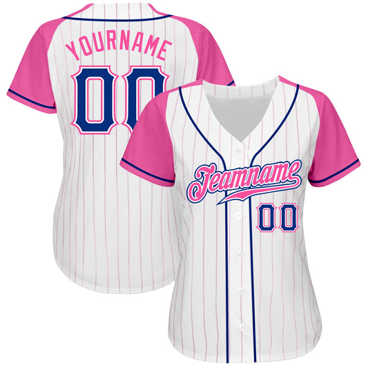 Custom White Pink Pinstripe Royal-Pink Authentic Raglan Sleeves Baseball Jersey - Sky-Custom