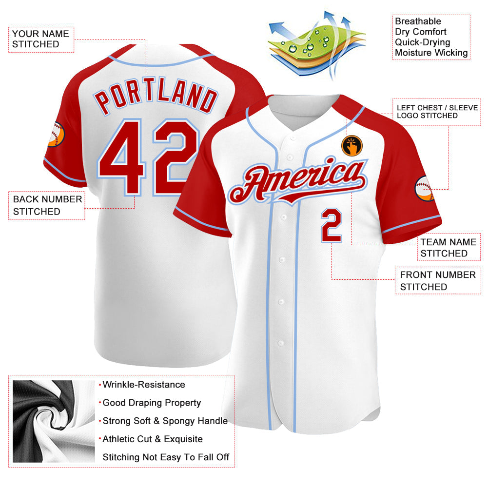 Custom White Red-Light Blue Authentic Raglan Sleeves Baseball Jersey - Sky-Custom