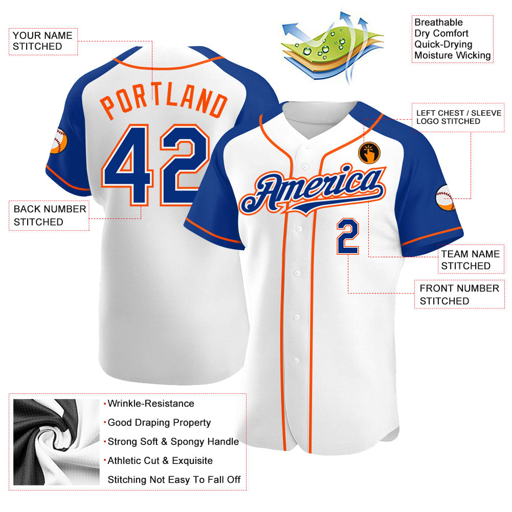 Custom White Royal-Orange Authentic Raglan Sleeves Baseball Jersey - Sky-Custom