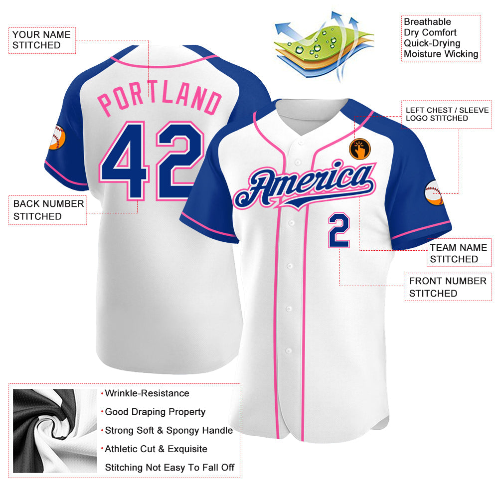 Custom White Royal-Pink Authentic Raglan Sleeves Baseball Jersey - Sky-Custom