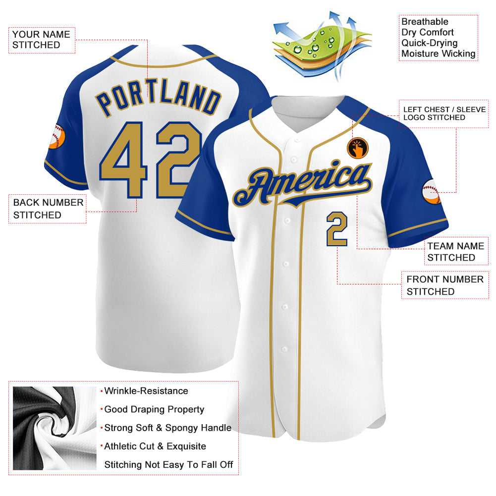 Custom White Old Gold-Royal Authentic Raglan Sleeves Baseball Jersey - Sky-Custom