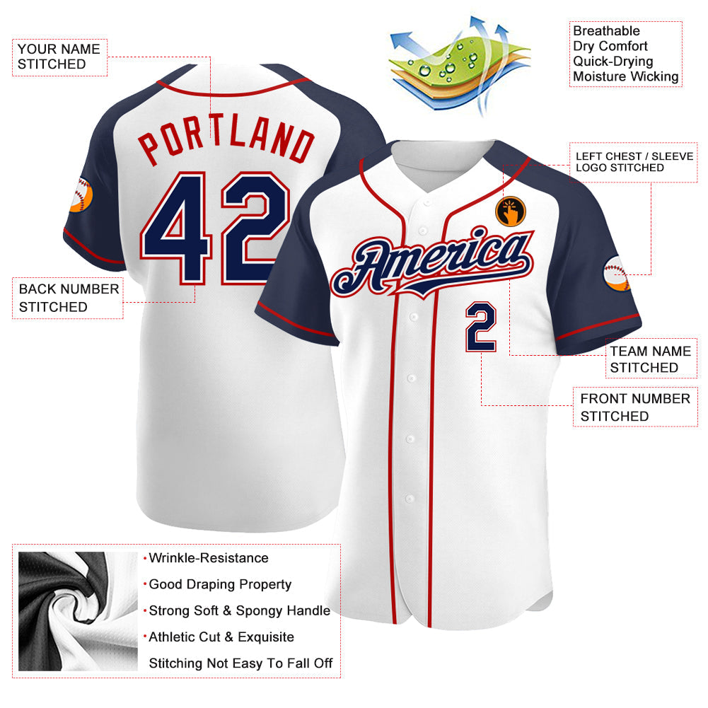 Custom White Navy-Red Authentic Raglan Sleeves Baseball Jersey - Sky-Custom