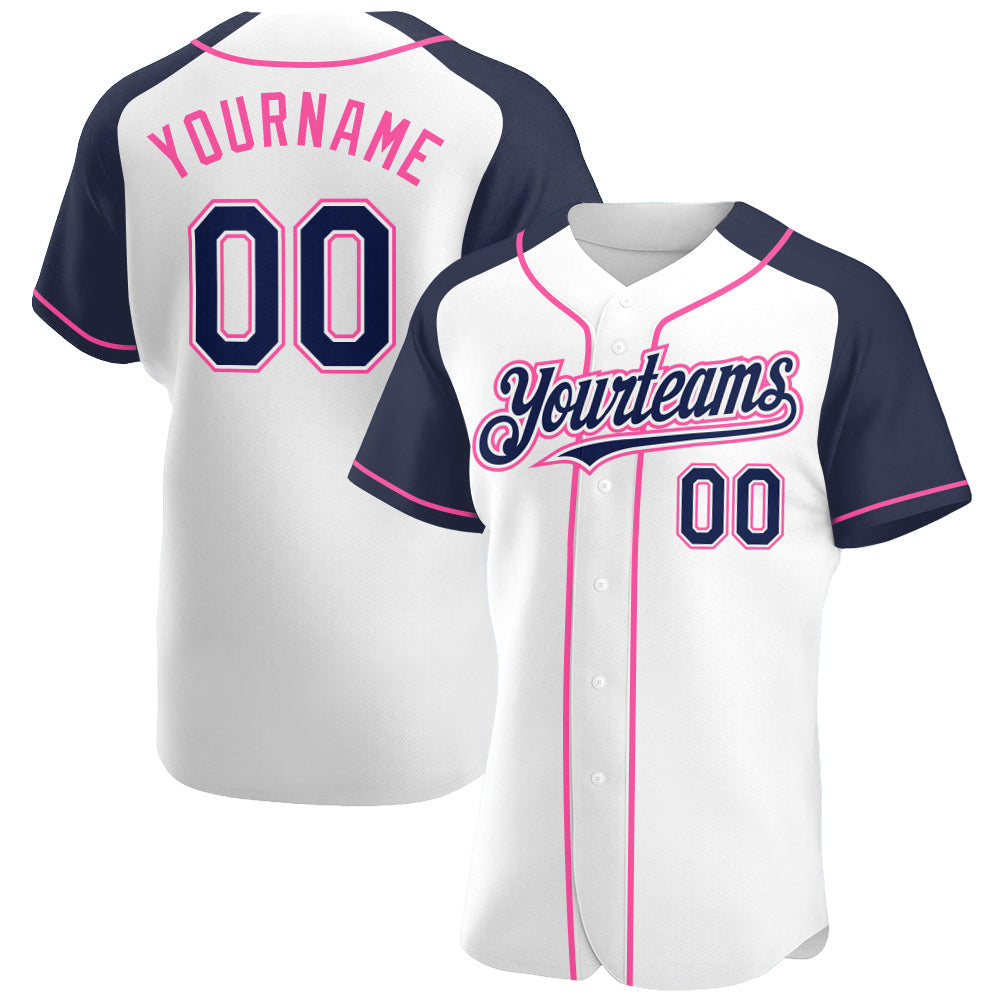 Custom White Navy-Pink Authentic Raglan Sleeves Baseball Jersey - Sky-Custom