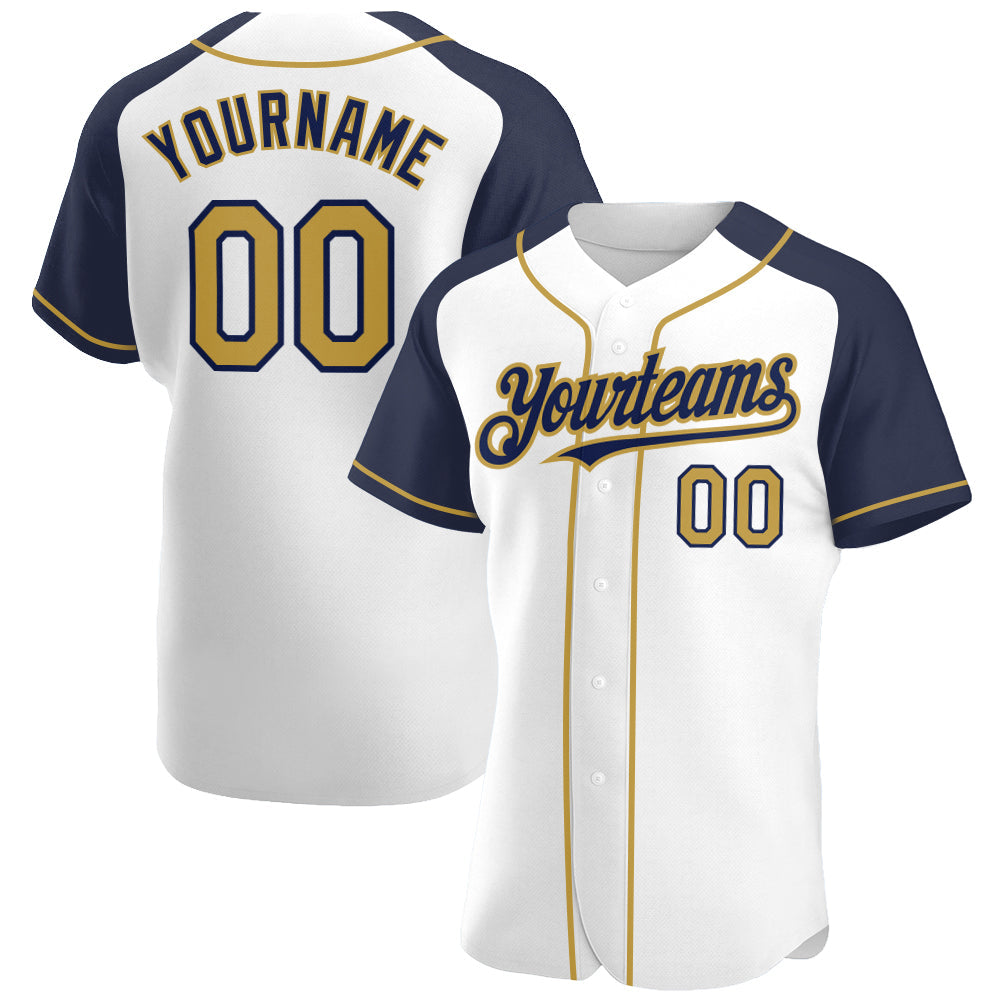 Custom White Old Gold-Navy Authentic Raglan Sleeves Baseball Jersey - Sky-Custom