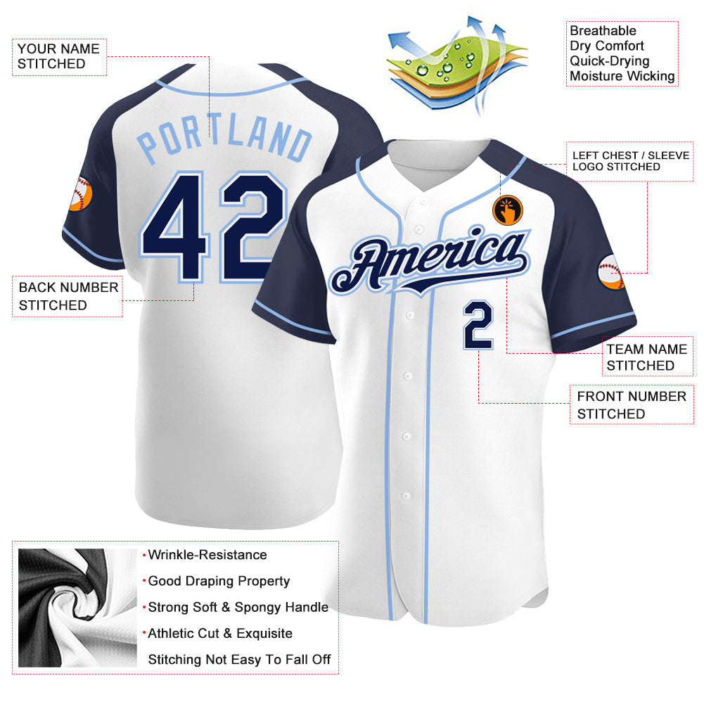 Custom White Navy-Light Blue Authentic Raglan Sleeves Baseball Jersey - Sky-Custom