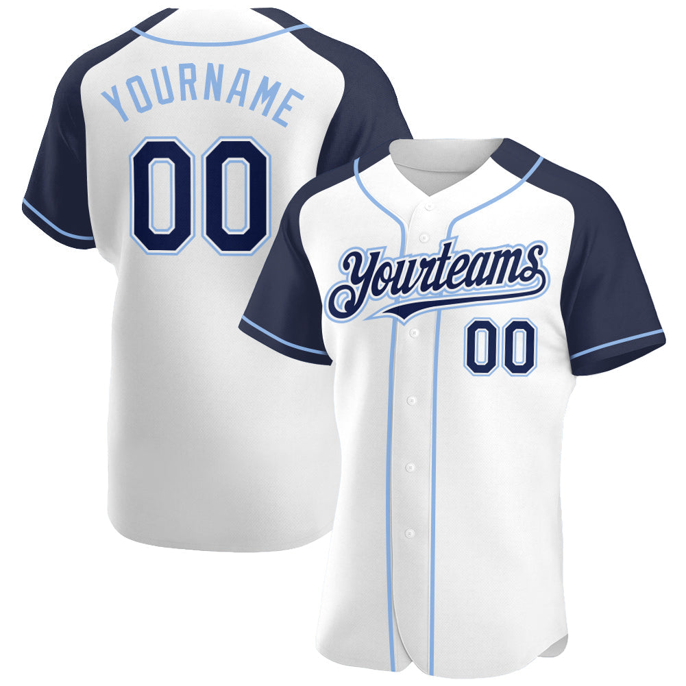 Custom White Navy-Light Blue Authentic Raglan Sleeves Baseball Jersey - Sky-Custom