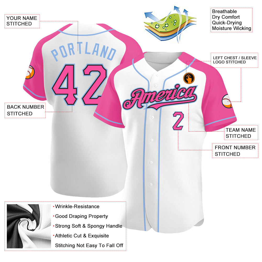 Custom White Pink Black-Light Blue Authentic Raglan Sleeves Baseball Jersey - Sky-Custom