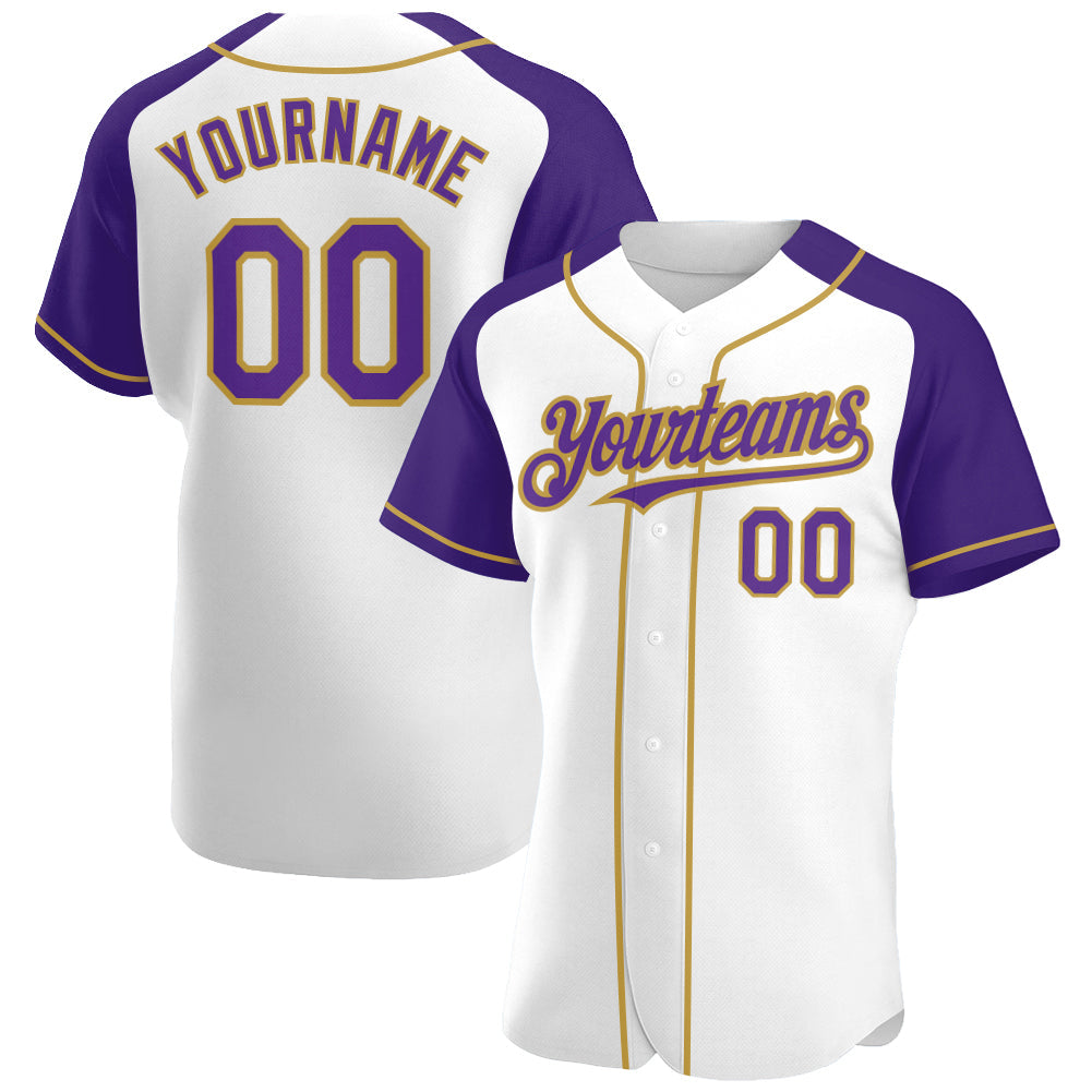 Custom White Purple-Old Gold Authentic Raglan Sleeves Baseball Jersey - Sky-Custom