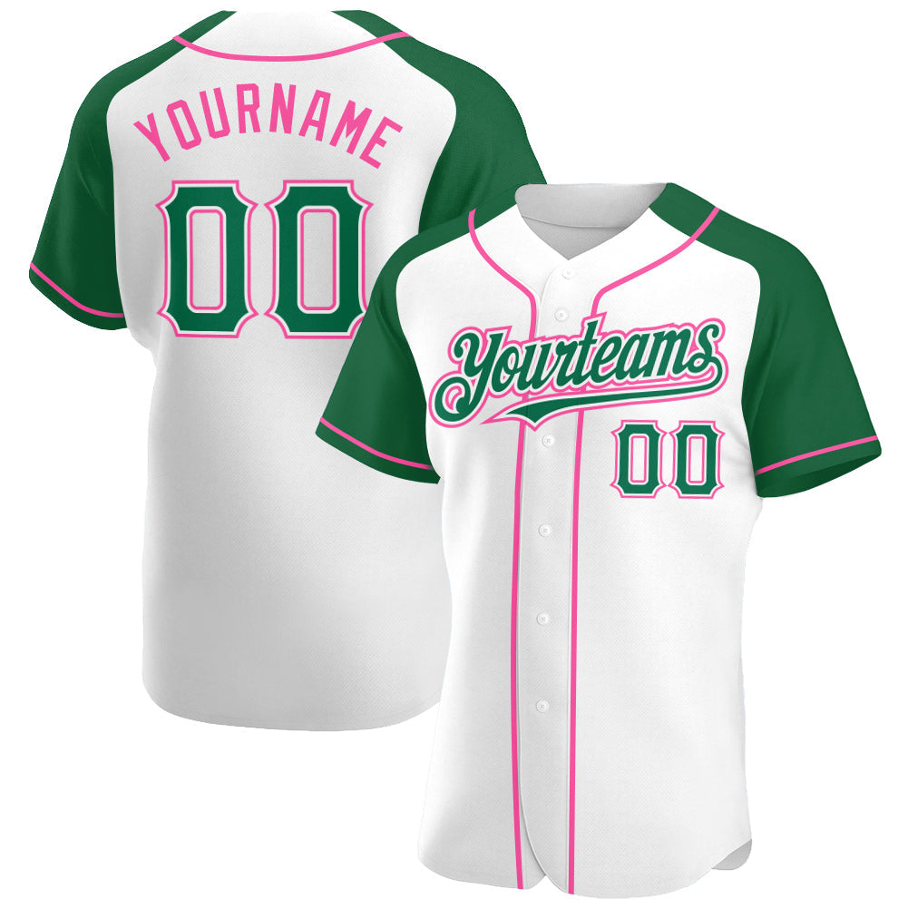 Custom White Kelly Green-Pink Authentic Raglan Sleeves Baseball Jersey - Sky-Custom
