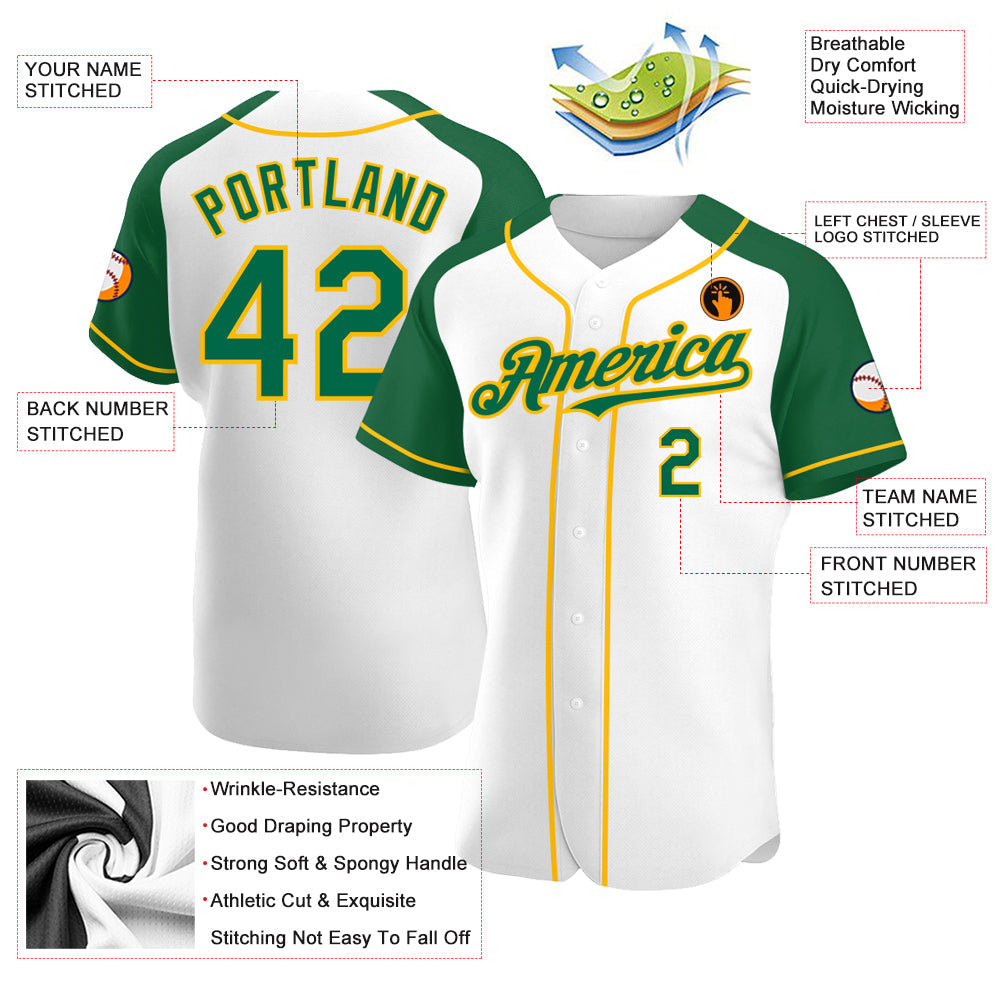 Custom White Kelly Green-Gold Authentic Raglan Sleeves Baseball Jersey - Sky-Custom