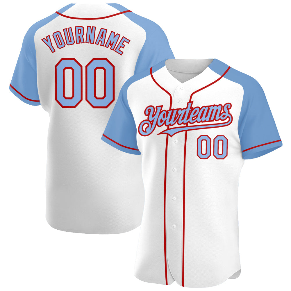 Custom White Light Blue-Red Authentic Raglan Sleeves Baseball Jersey - Sky-Custom