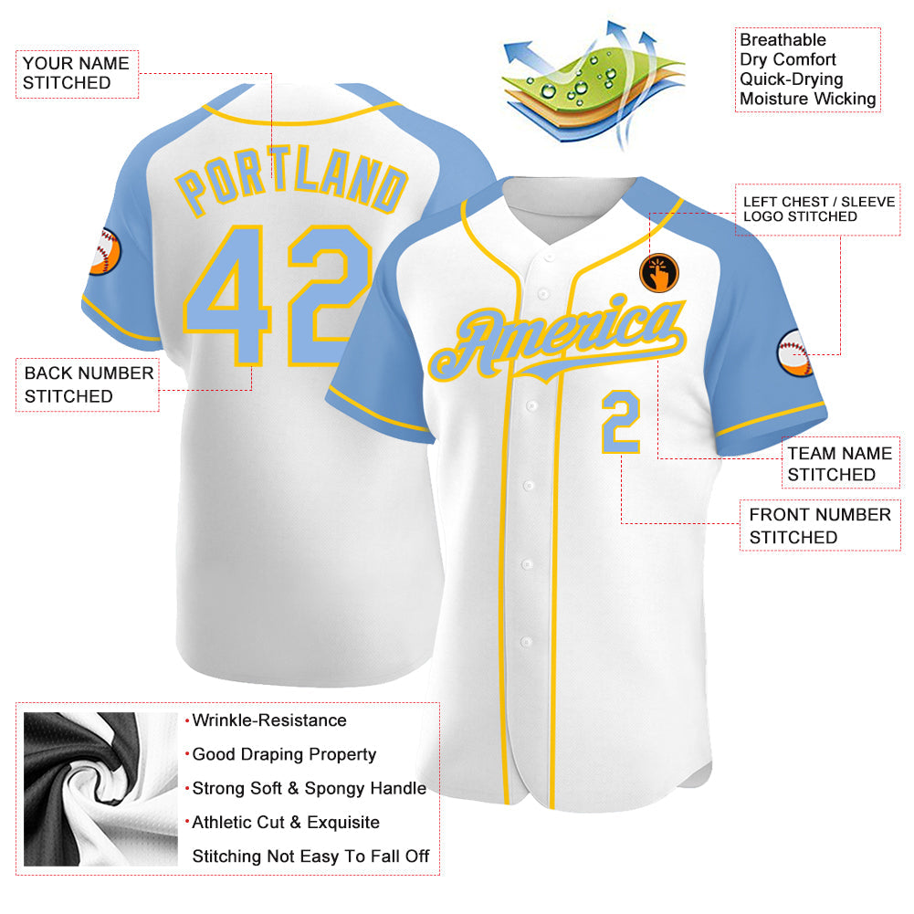 Custom White Light Blue-Yellow Authentic Raglan Sleeves Baseball Jersey - Sky-Custom