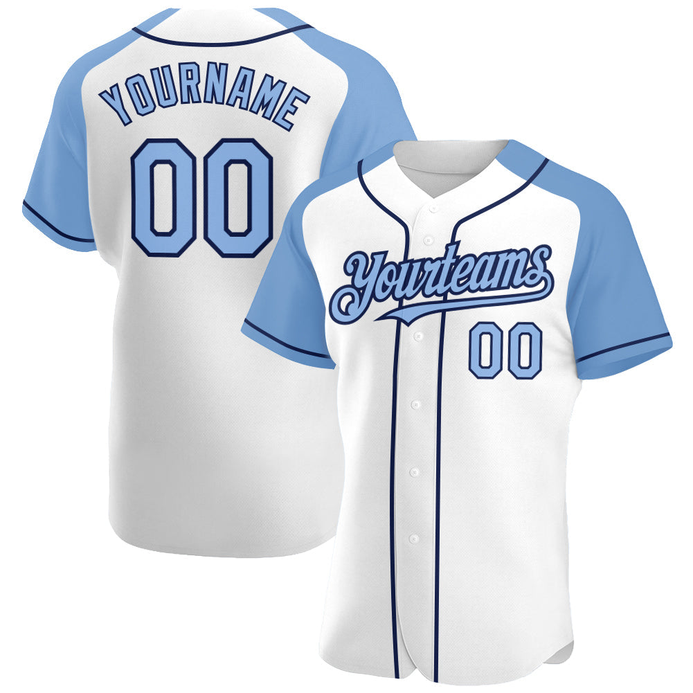 Custom White Light Blue-Navy Authentic Raglan Sleeves Baseball Jersey - Sky-Custom