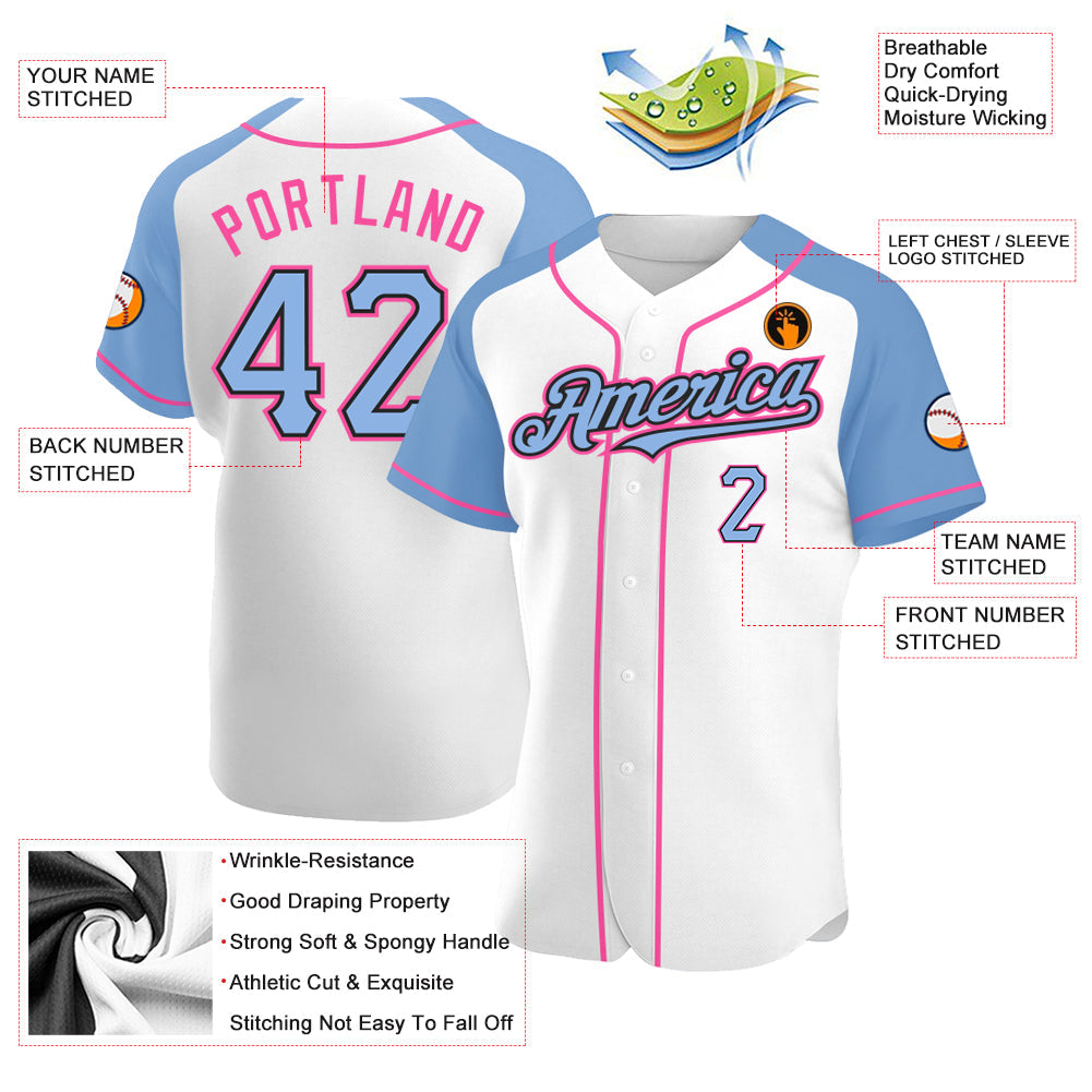 Custom White Light Blue Black-Pink Authentic Raglan Sleeves Baseball Jersey - Sky-Custom