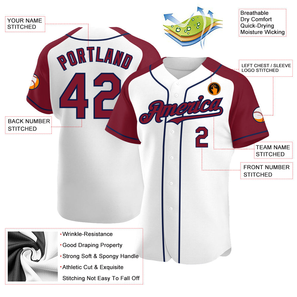 Custom White Crimson-Navy Authentic Raglan Sleeves Baseball Jersey - Sky-Custom
