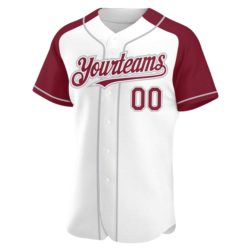 Custom White Crimson-Gray Authentic Raglan Sleeves Baseball Jersey - Sky-Custom