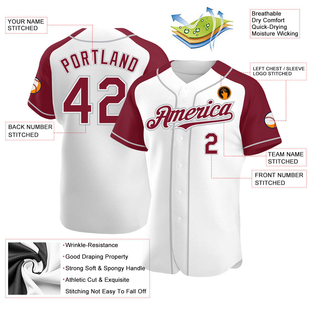 Custom White Crimson-Gray Authentic Raglan Sleeves Baseball Jersey - Sky-Custom