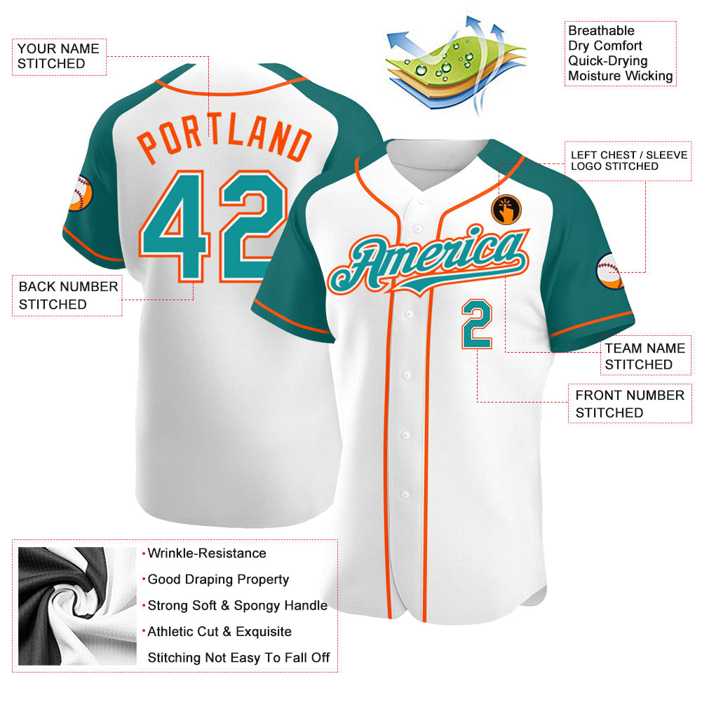 Custom White Teal-Orange Authentic Raglan Sleeves Baseball Jersey - Sky-Custom