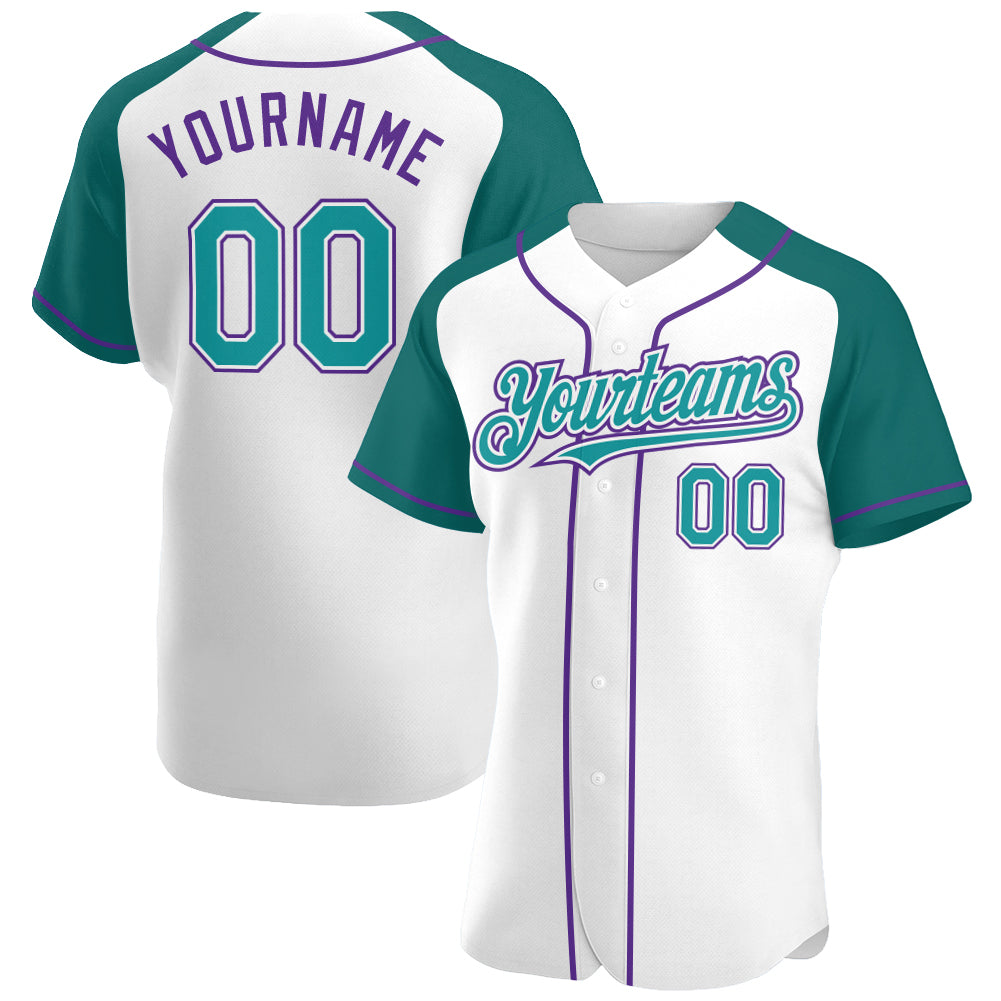 Custom White Teal-Purple Authentic Raglan Sleeves Baseball Jersey - Sky-Custom