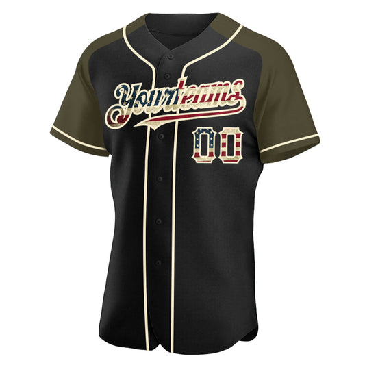 Custom Black Vintage USA Flag Olive-Cream Authentic Raglan Sleeves Baseball Jersey - Sky-Custom