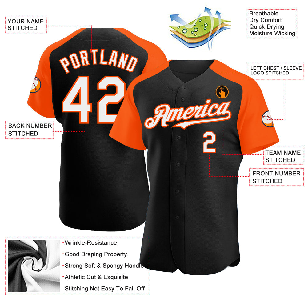 Custom Black White-Orange Authentic Raglan Sleeves Baseball Jersey - Sky-Custom