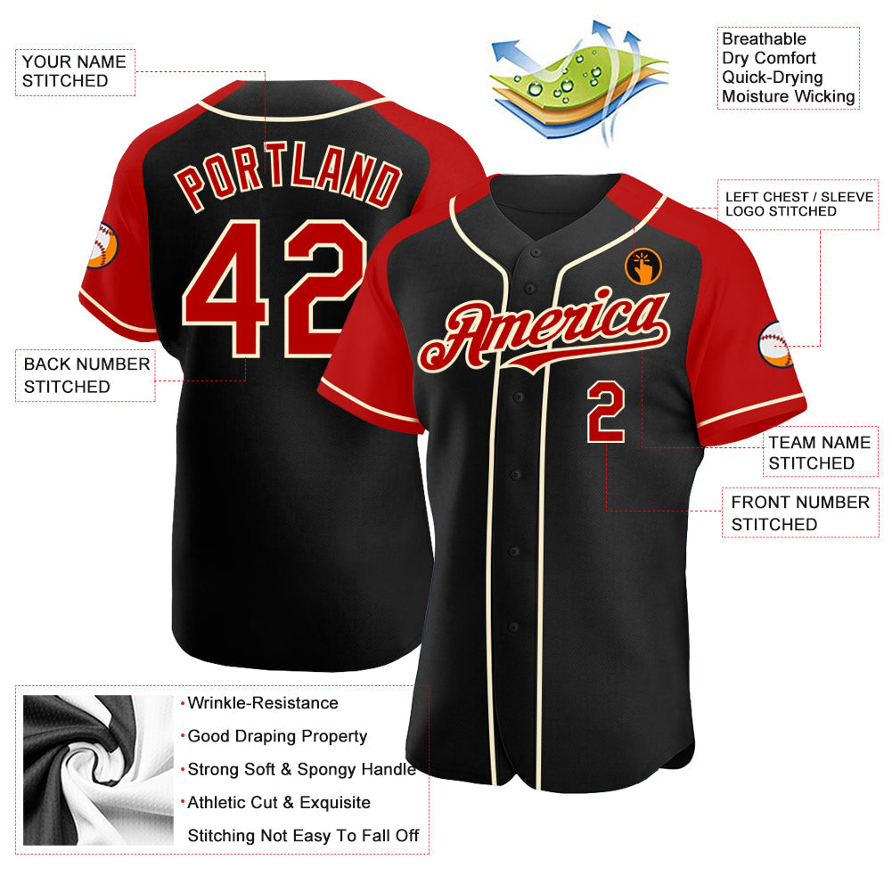 Custom Black Red-Cream Authentic Raglan Sleeves Baseball Jersey - Sky-Custom