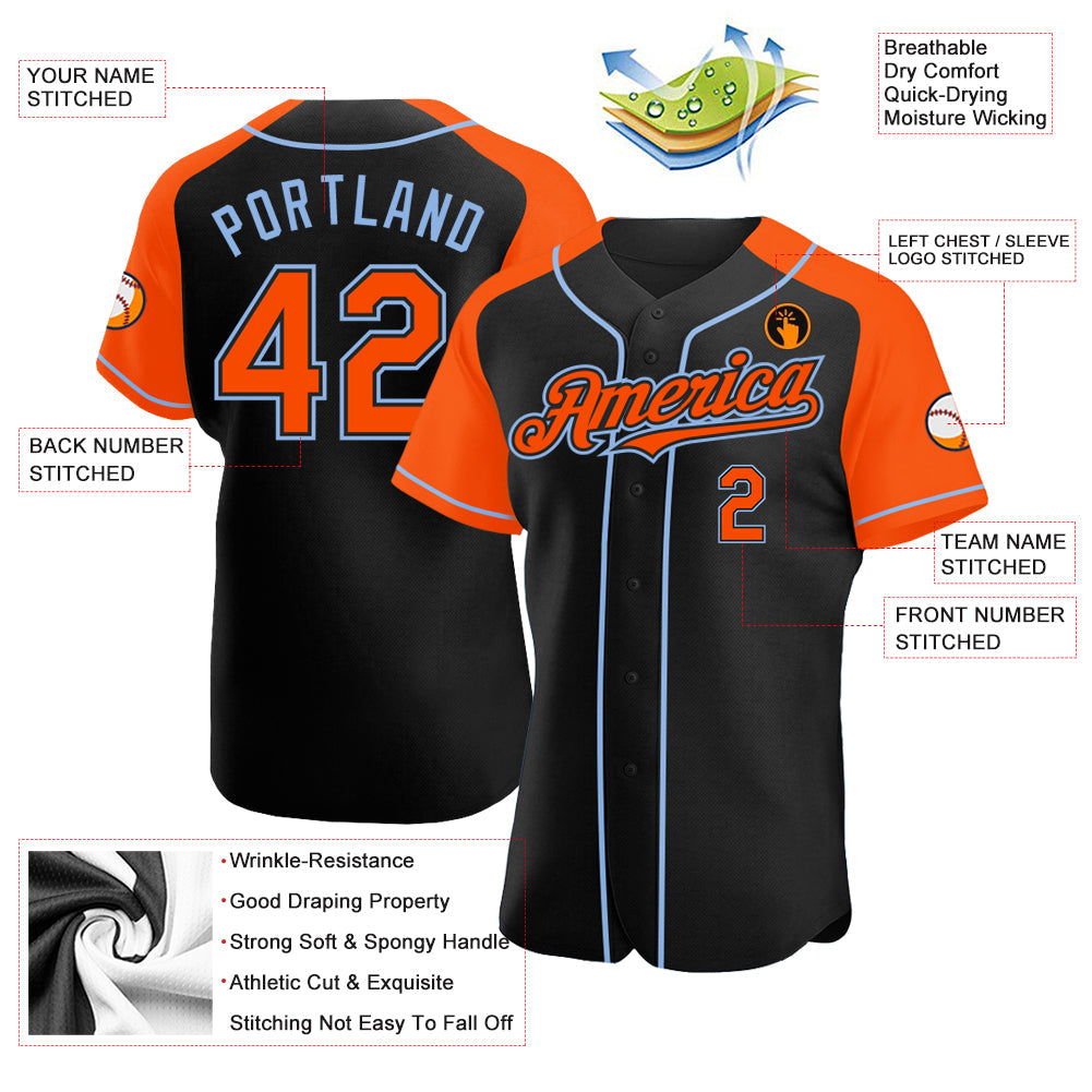 Custom Black Orange-Light Blue Authentic Raglan Sleeves Baseball Jersey - Sky-Custom
