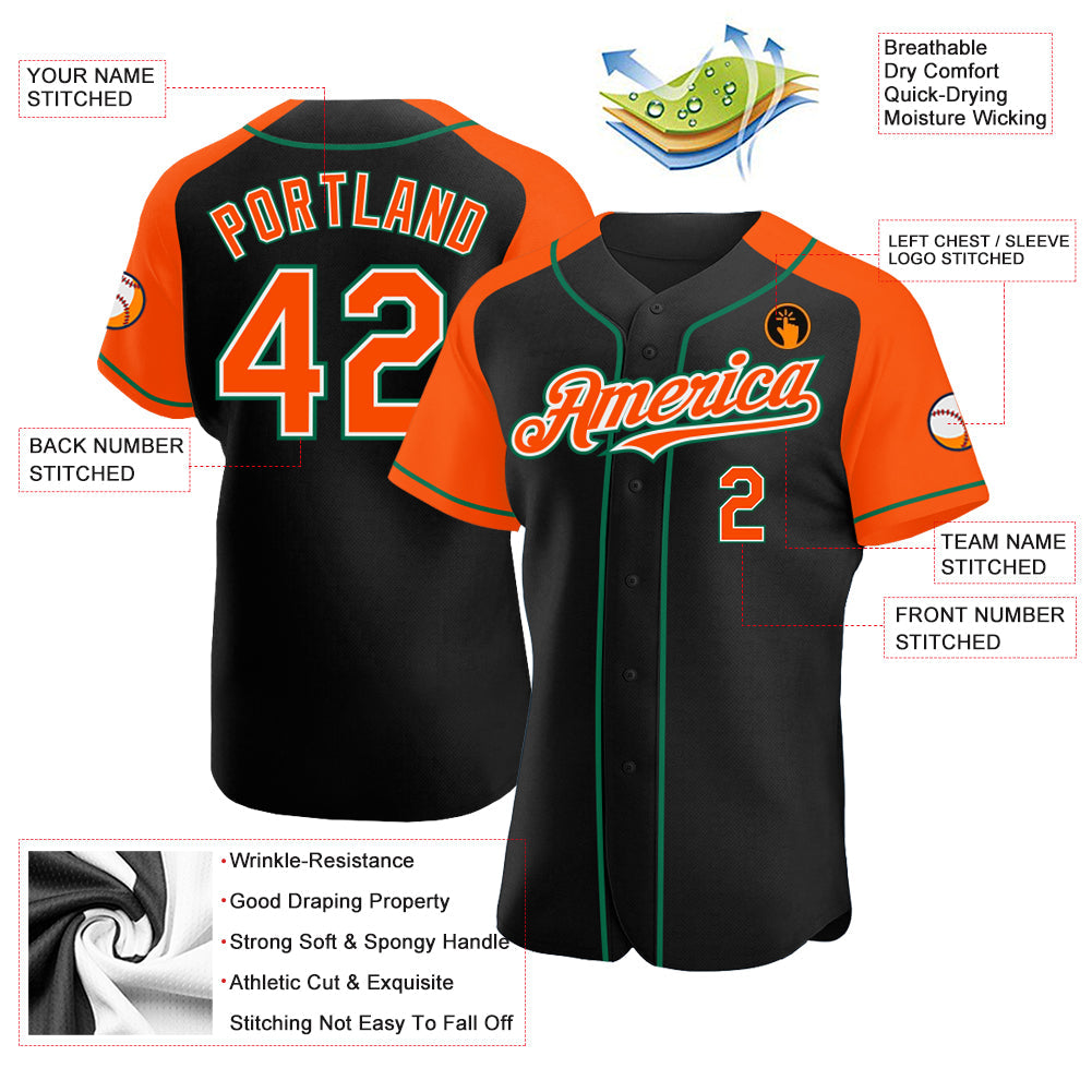 Custom Black Orange-Kelly Green Authentic Raglan Sleeves Baseball Jersey - Sky-Custom