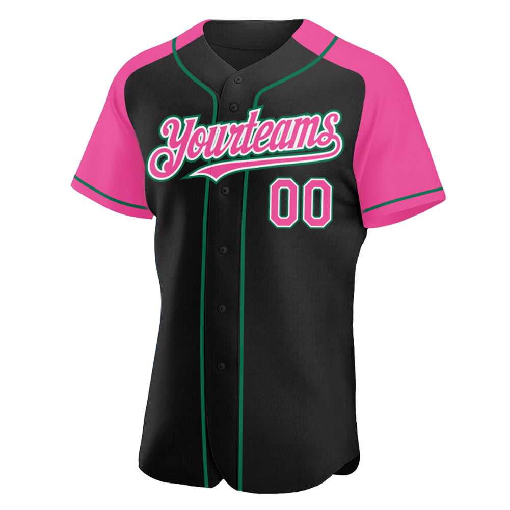 Custom Black Pink-Kelly Green Authentic Raglan Sleeves Baseball Jersey - Sky-Custom