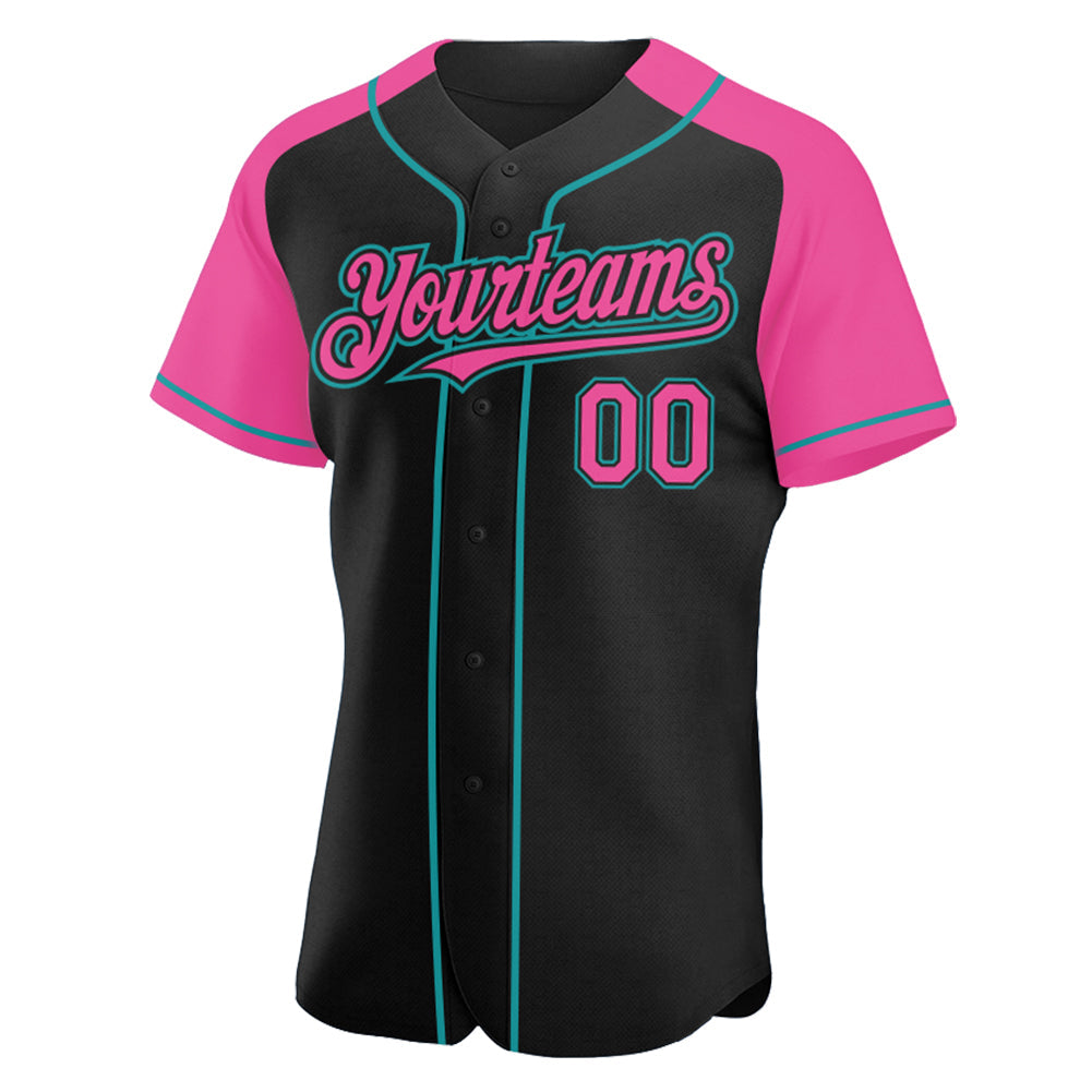 Custom Black Pink-Teal Authentic Raglan Sleeves Baseball Jersey - Sky-Custom