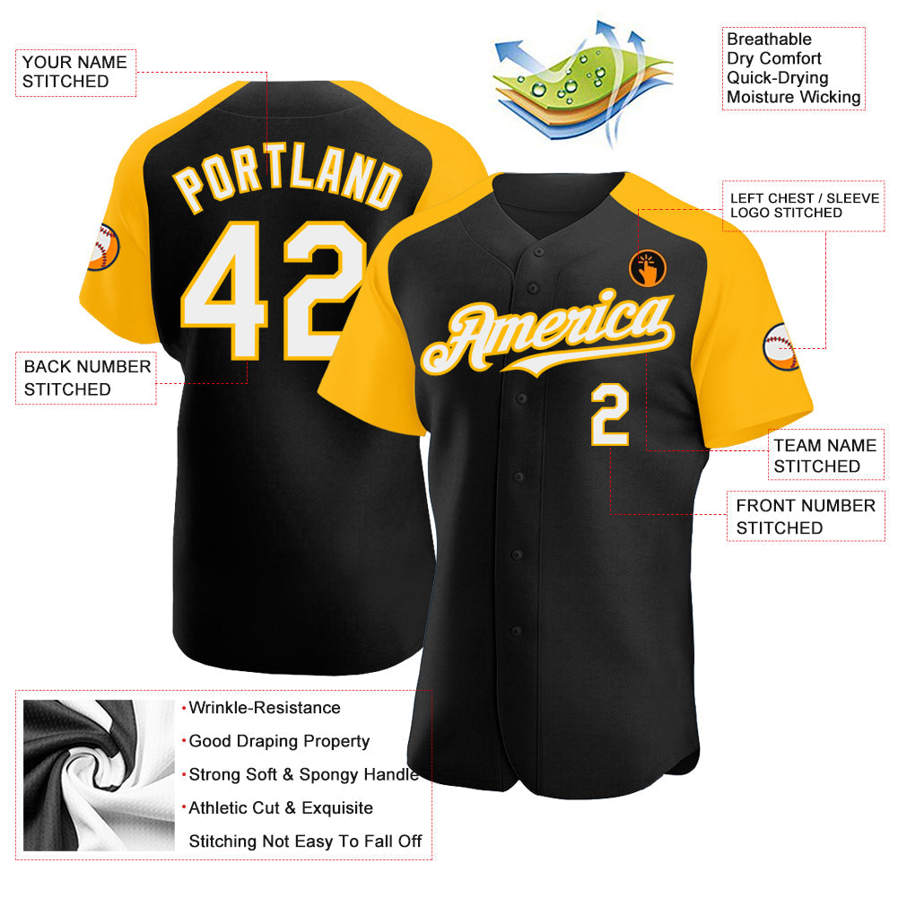 Custom Black White-Gold Authentic Raglan Sleeves Baseball Jersey - Sky-Custom
