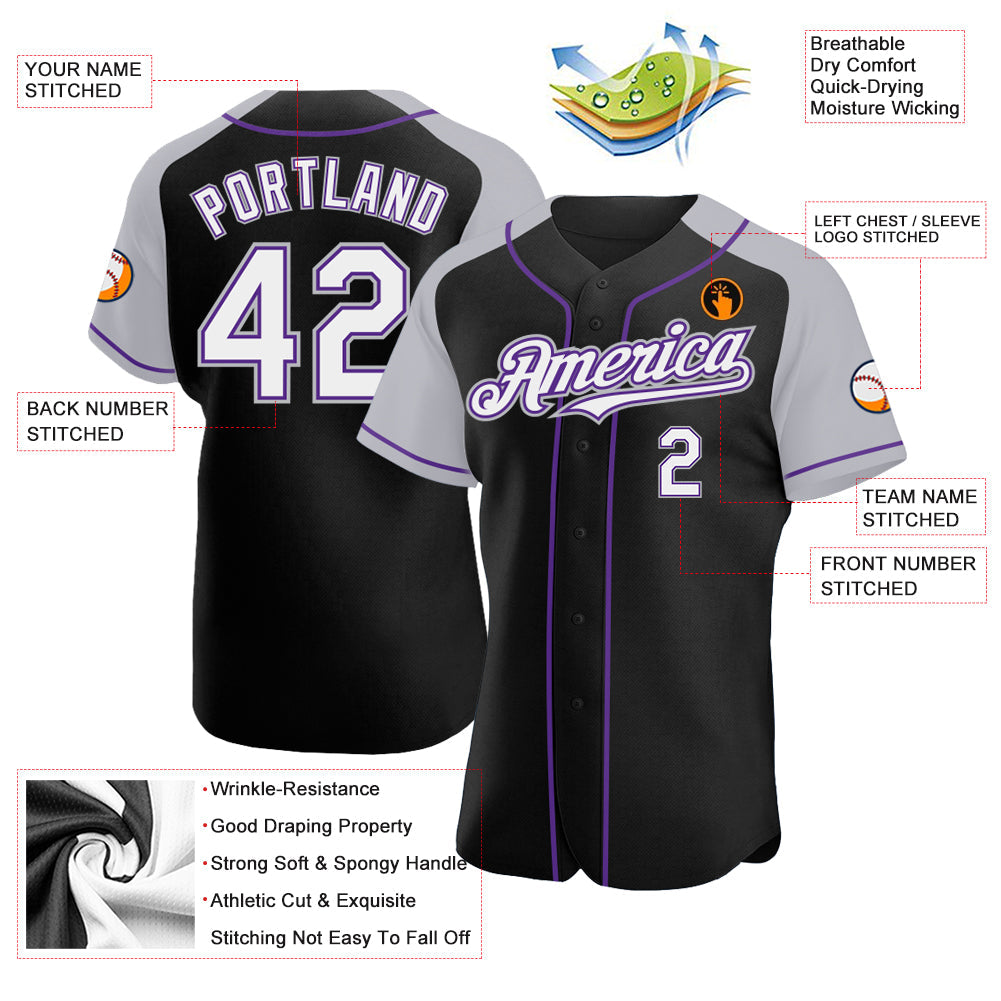 Custom Black White Gray-Purple Authentic Raglan Sleeves Baseball Jersey - Sky-Custom
