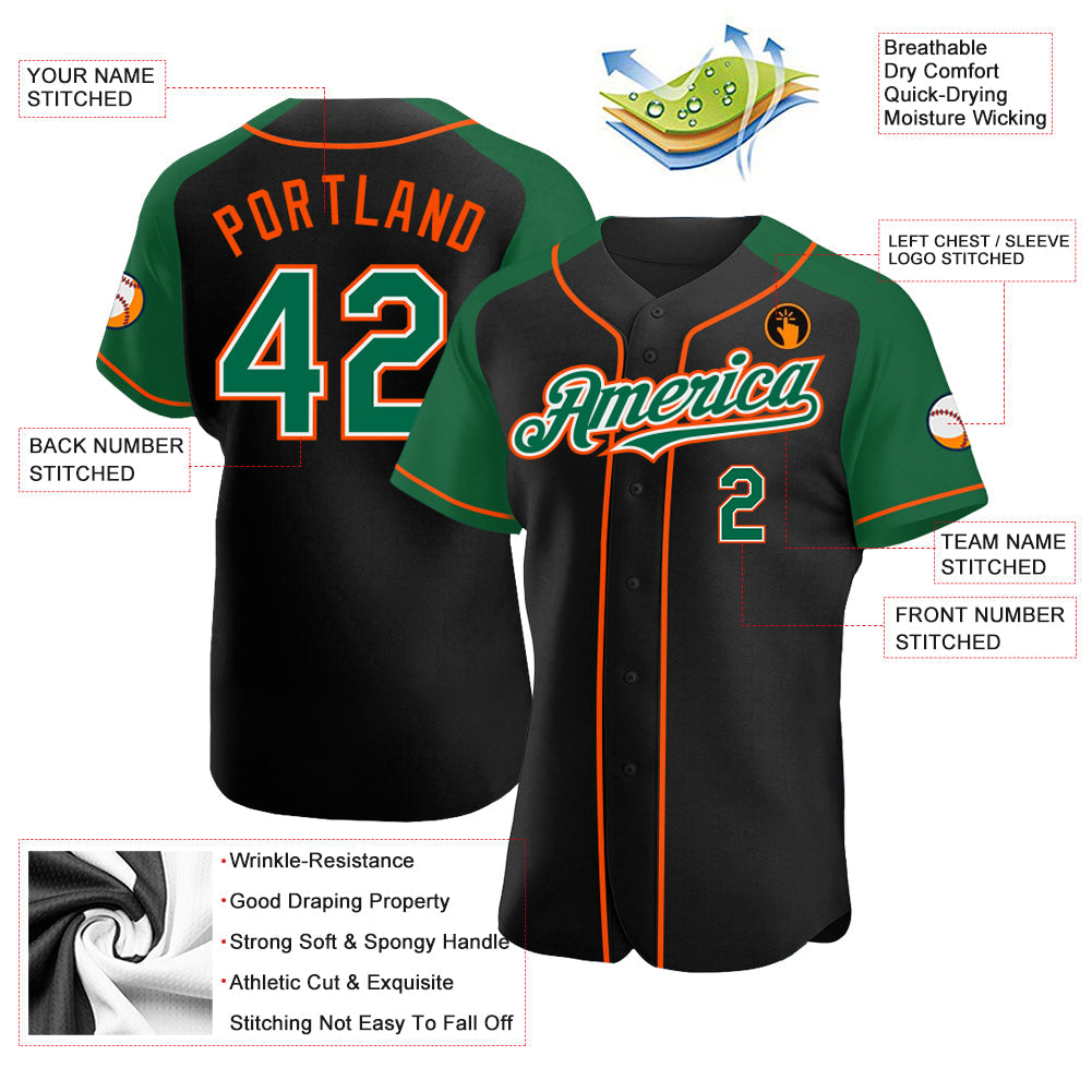 Custom Black Kelly Green-Orange Authentic Raglan Sleeves Baseball Jersey - Sky-Custom