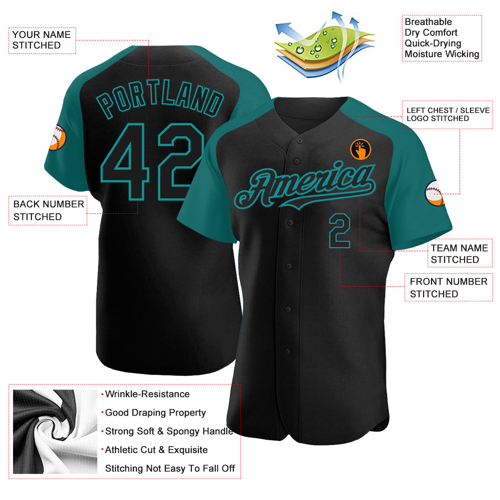Custom Black Teal Authentic Raglan Sleeves Baseball Jersey - Sky-Custom